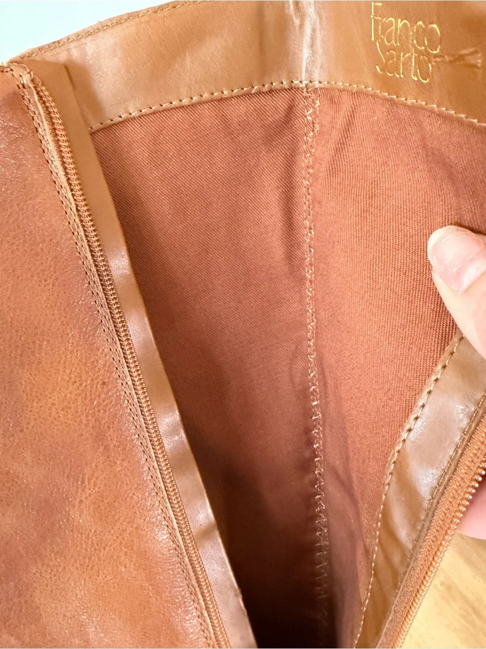 Franco Sarto Tall Knee high Boots in Cognac brown leather zip on side size 8.5